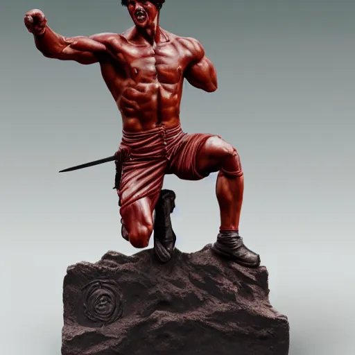 Prompt: museum stallone rambo statue monument made from porcelain brush face hand painted with iron red dragons full - length very very detailed intricate symmetrical well proportioned balanced