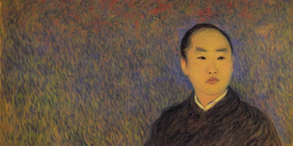 Image similar to A portrait of WANG2MU by Monet, in the Monet style.