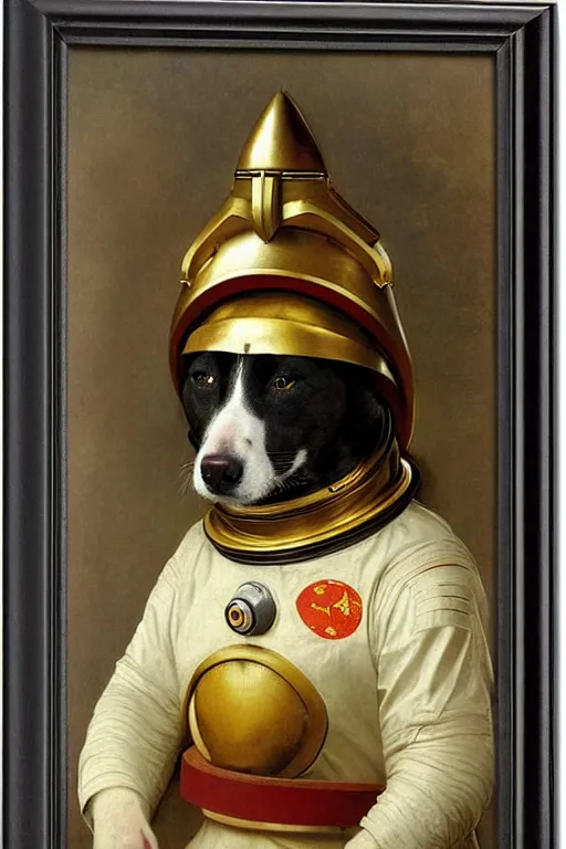 Prompt: portrait of a dog astronaut with chinese dragon armor and helmet, majestic, solemn, by bouguereau