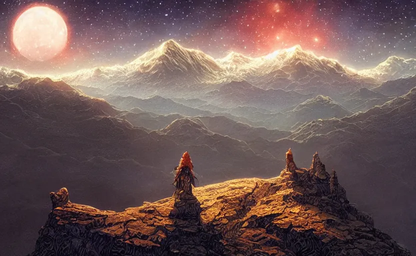 Prompt: mountains, stars and paisley filled sky, artstation, intricate, highly detailed, digital painting, concept art, sharp focus, illustration by Michael Whelan and Yoshitaka Amano