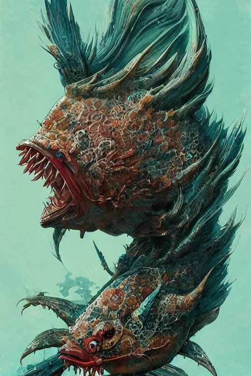 Prompt: a portrait of a japanese fish devil animal illustrated by miyazaki by karol bak, james jean, tom bagshaw, rococo, sharp focus, trending on artstation, cinematic lighting, hyper realism, octane render, 8 k, hyper detailed, vivid, ultra detailed, highly detailed