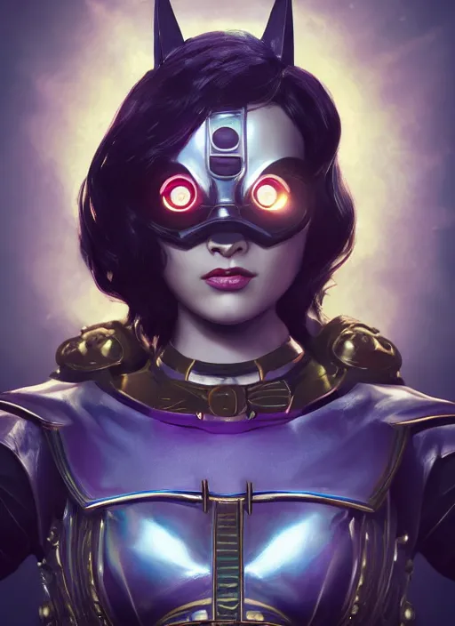 Image similar to cosmic divine bioshock batgirl portrait, hyper detailed, digital art, trending in artstation, cinematic lighting, studio quality, smooth render, unreal engine 5 rendered, octane rendered, art style by klimt and nixeu and ian sprigger and wlop and krenz cushart.