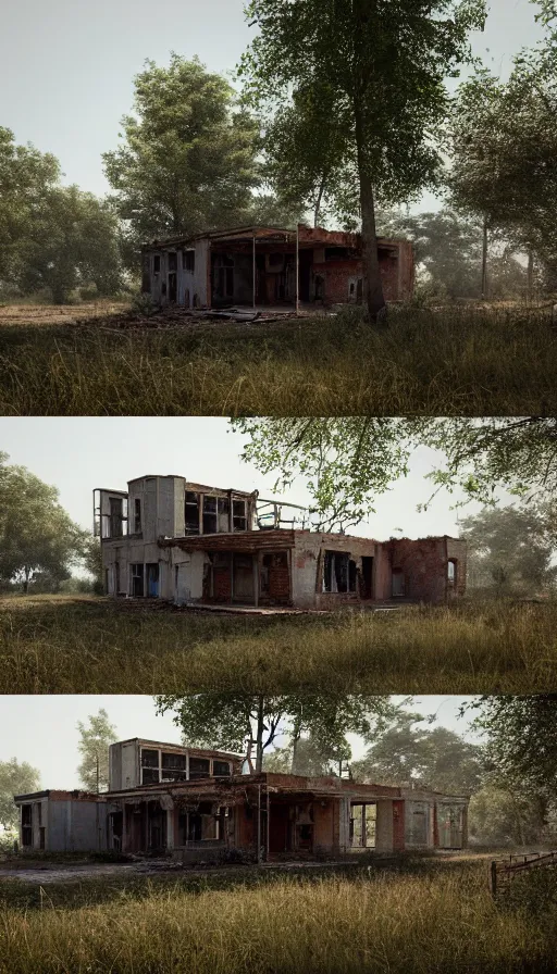 Image similar to a beautiful photorealistic rendering of building urbex abandoned ranch - style by b. v. doshi, architecture island, archdaily, wallpaper, highly detailed, trending on artstation.