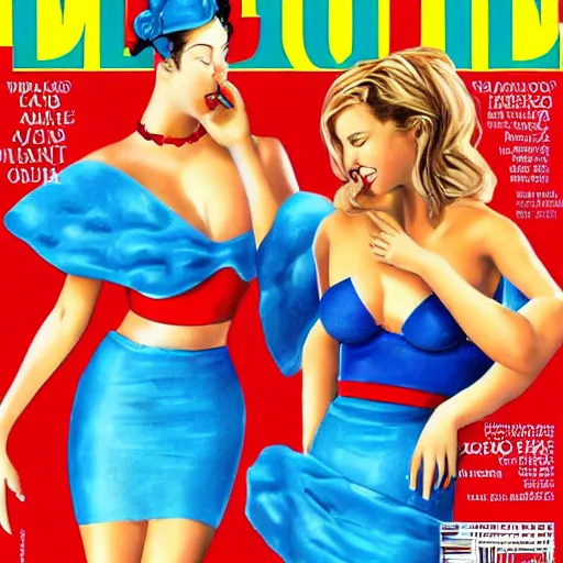 Prompt: magazine cover art featuring two scantily clad women. one wearing blue dress and the other in a red sarong. in the style of elle, vogue, cosmopolitan