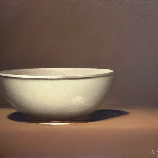 Image similar to a robotic soup bowl, oil painting, pale colors, high detail, 8 k, wide angle, trending on artstation,