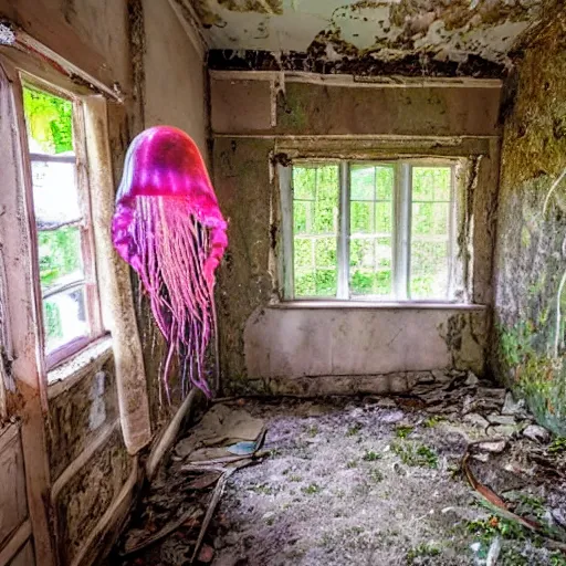 Image similar to abandoned cottage interior filled with iridescent jellyfish and lush coral