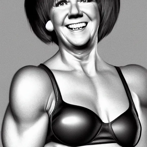 Image similar to cilla black with the physique of a body builder, hyper realistic, ultra detailed, cinematic, dynamic lighting, photorealistic, refined, intricate, digital art, digital painting, masterpiece, 8k