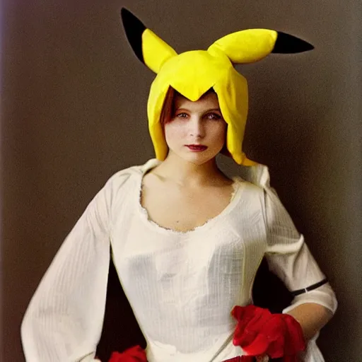 Image similar to elegant woman dressed up as pikachu, art photo by Annie Liebovitz and David Hamilton and Alphonse Mucha