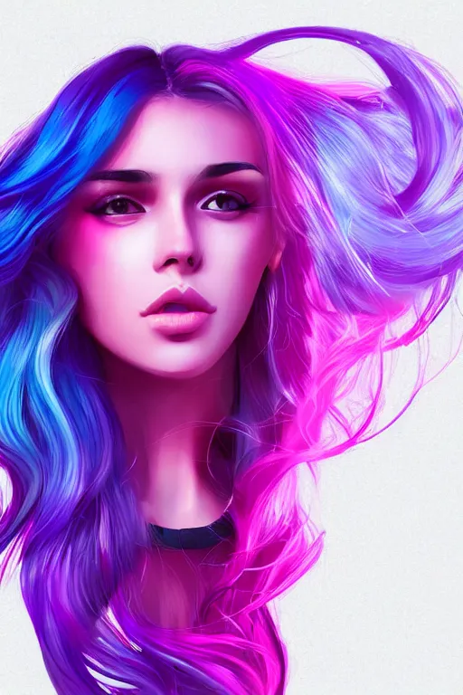 Image similar to a award winning half body porttrait of a beautiful woman in a croptop with ombre purple pink teal hairstyle with head in motion and hair flying, outrun, vaporware, shaded flat illustration, digital art, trending on artstation, highly detailed, fine detail, intricate