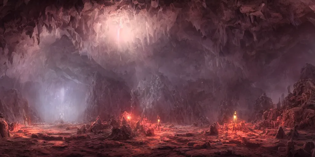 Prompt: fantasy matte painting of a cave with glowing crystals on the walls and piles of bones on the floor, fantasy, sharp focus, artstation