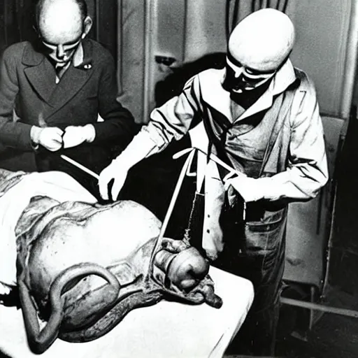 Prompt: Alien Autopsy. 1940s photograph.