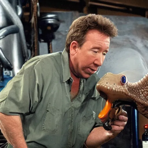 Prompt: tim allen milking a cartoon dinosaur on an oil rig