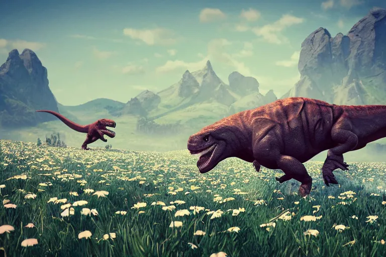 Prompt: ( ( low poly ) ) ( playstation ) running ( ( ancient ) ) ( ( tyrannosaurus ) ) ( dinosaur ) wearing a hat ( standing ) in a ( field of daisies ), mount coronet in the distance digital illustration by ruan jia on artstation