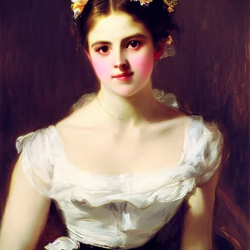 Image similar to beautiful portrait of a young woman with gentle eyes by franz xaver winterhalter, circa 1 8 6 3