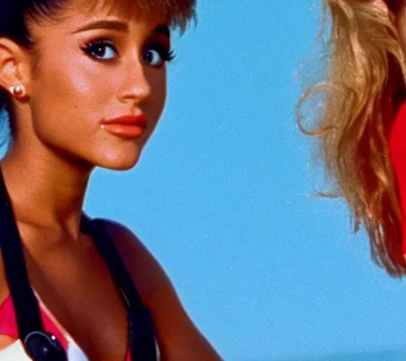 Prompt: color still shot of ariana grande on baywatch 1 9 8 9 tv show, face closeup,