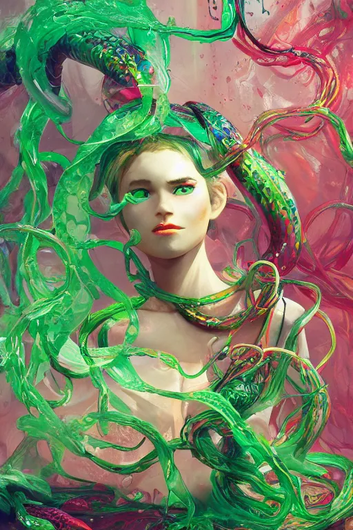 Image similar to epic 3 d osumare, liquid hands and feet spinning, 2 0 mm, with green and pink vines melting smoothly into asymmetrical snakes and rainbows, liquid, delicate, intricate, houdini sidefx, trending on artstation, by jeremy mann and ilya kuvshinov, jamie hewlett and ayami kojima