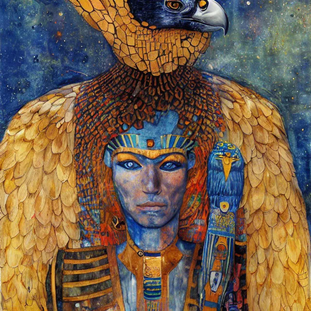 Prompt: expresionistic watercolor of Horus the falcon headed egyptian god, by Enki Bilal, by Gustav Klimt, by Peter Mohrbacher, graffiti paint, vintage, splatters, scratches