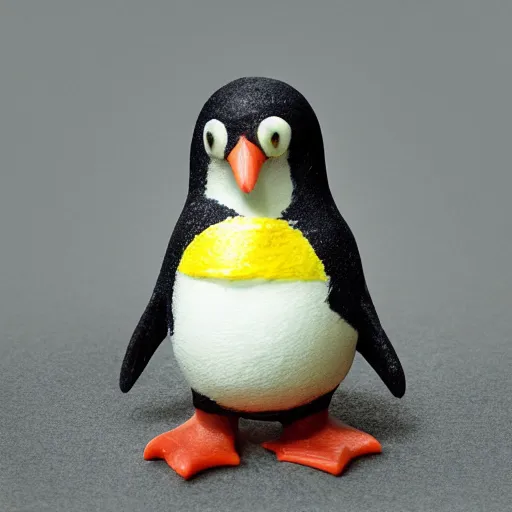Prompt: photograph of a small plasticine penguin