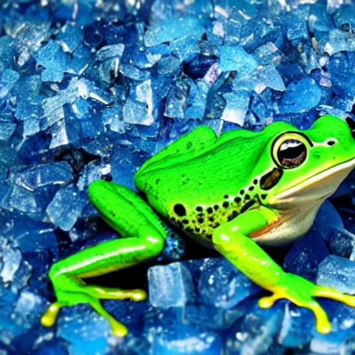 Prompt: investors in a cave full of blue crystals and frogs