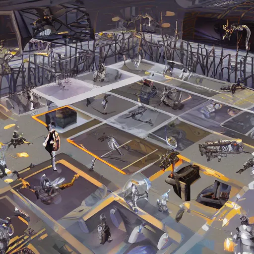 Image similar to hall construct in cyber space concept, a lot of avatars, tables, large screen, artstation