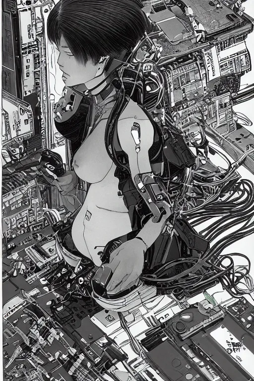 Prompt: an hyper-detailed cyberpunk illustration of a female android seated on the floor in a tech labor, seen from the side with her body open showing cables and wires coming out and a bob cut, by masamune shirow, and katsuhiro otomo, japan, 1980s, centered, colorful