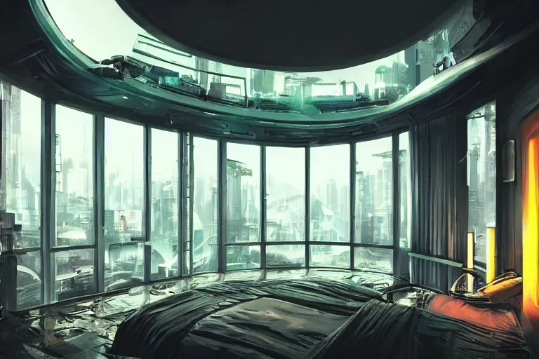 Image similar to a futuristic bedroom with large curved ceiling high windows looking out to a far future cyberpunk cityscape, cyberpunk neon lights, raining, scifi