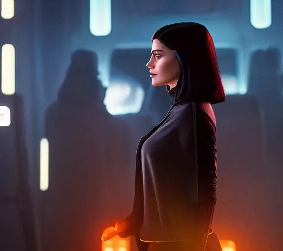 Prompt: a movie still of kylie jenner as a joi hologram in the movie blade runner 2 0 4 9