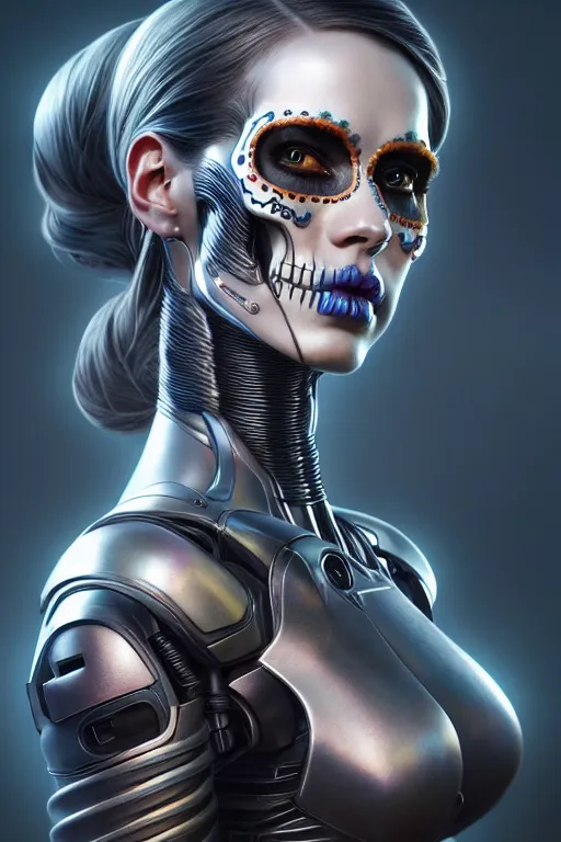 Image similar to ultra detailed side portrait of female android, sharp focus, sci - fi, fantasy art, digital illustration, dia de los muertos. octane render, unreal engine, global illumination, intricate detailed. concept art. art by artgerm and wlop and giger and greg rutkowski and rossdraws and alphonse mucha, 8 k