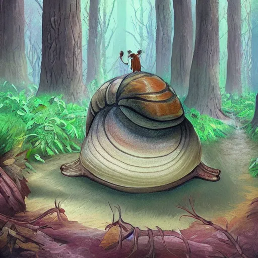 Prompt: friendly smiling giant snail in fantasy feywild swamp, illustration, realistic