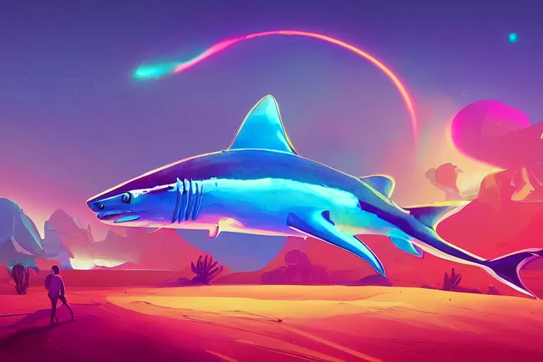 Image similar to a holographic projection of a huge colorful transparent shark appears in the desert at night, a man is stunned, by anton fadeev and beeple, highly - detailed, fantasy