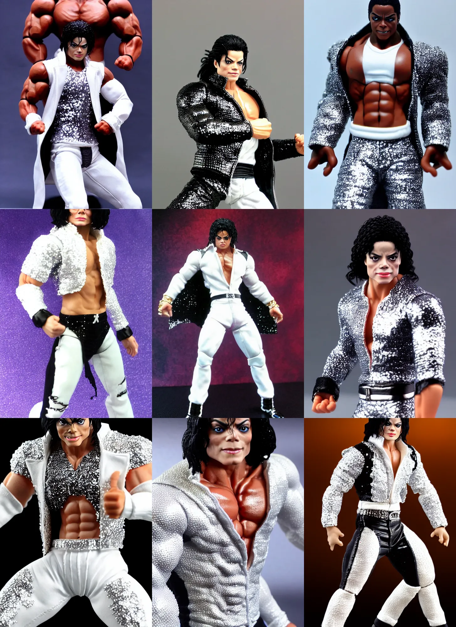 Prompt: michael jackson oversized muscular hulked powerlifter by neca!!! pretty! beautiful! shirtless muscular white pants black sequined jacket very detailed realistic action figure by neca. face close up headshot. in the style of tekken 5, character from mortal kombat, film still, bokehs