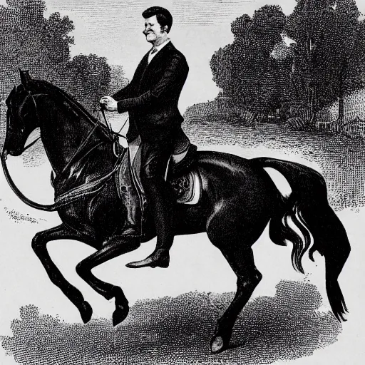 Image similar to Matteo Renzi riding a horse which has the face of Mario Draghi, in a 19th century caricature, black and white