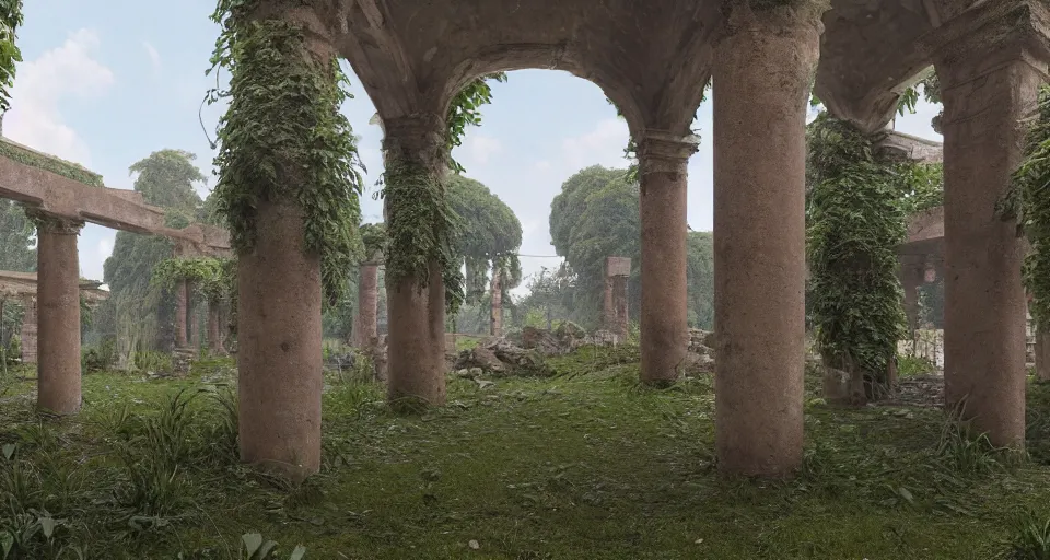 Prompt: Ancient roman colonnade in ruins, overgrown by the jungle by zdzisław beksiński, rendered by Beeple, Makoto Shinkai, syd meade, simon stålenhag, environment concept, digital art, unreal engine, WLOP, trending on artstation, 4K UHD image, octane render,