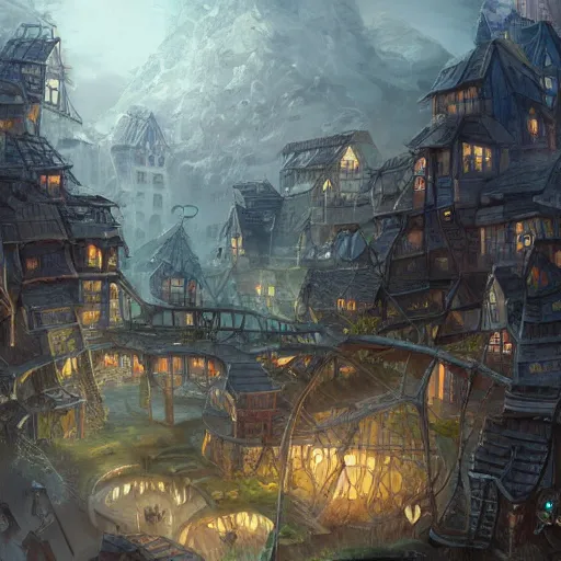 Image similar to a tiny miniscule town living on the thread of a spiders web, fantasy concept art, trending on art station, stunning visuals, creative, cinematic, ultra detailed