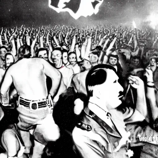 Prompt: adolf hitler going crazy during a rave, super realistic, hitler is dancing, highly detailed.