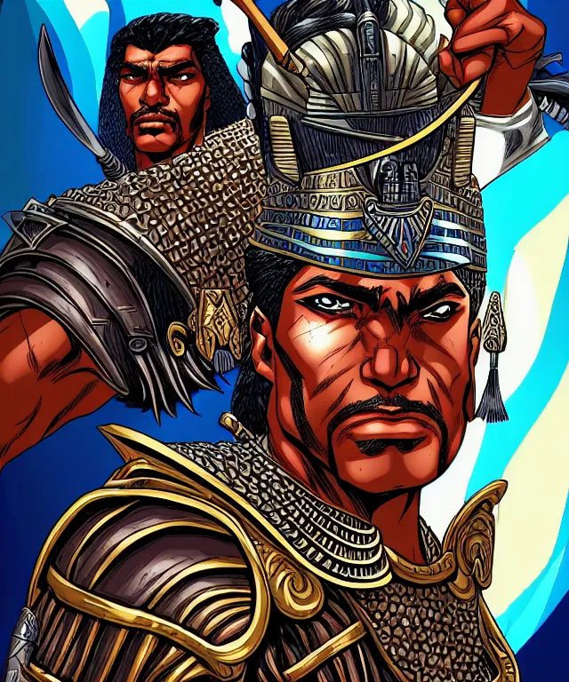 Prompt: a ( fantasy comic ) ( cover art ) portrait of a ( egyptian warrior ) who looks like ( keith david in they live ), digital illustration by tomoyuki yamasaki and sana takeda and kentaro miura, fine inking lines, vivid colors, dnd, photorealistic, hd, 4 k, trending on artstation