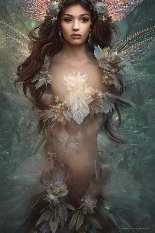 Prompt: a beautiful winged fairy portrait with brown skin, insanely detailed and intricate, flying in a beautiful alien forrest, deep in the woods, glowing floating particles, matte painting, cinematic art by ross tran, Trending on artstation, artstationHD, artstationHQ, 4k, 8k