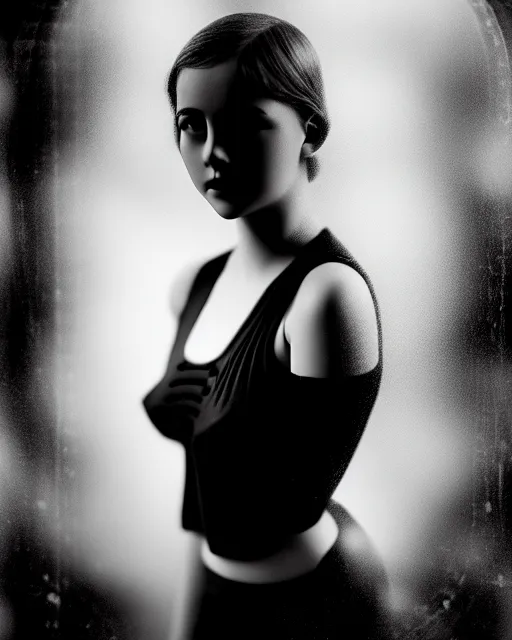 Image similar to tintype black and white dreamy young beautiful female artificial intelligence, metropolis, cinematic, rim light, bokeh, photo - realistic, elegant, high detail, 8 k, masterpiece, photo taken in 1 9 3 0