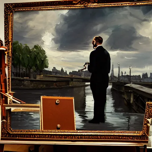 Image similar to mcgregor is dressed as a gentleman at early 2 0 th century paris. he is watching an easel. that easel has a canvas on it. ewan mcgregor has a brush on his hand. he is painting a painting. there is a brown cat with yellow eyes on ewan mcgregors feet. on background has river seine, morning sun, dark clouds, lightning, by jack kirby