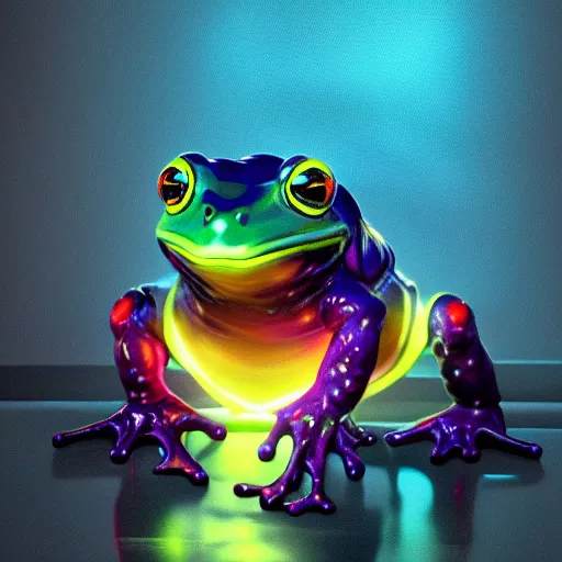 Image similar to illuminated cyber frog, vivid colors, high details, cinematic, 8k resolution, beautiful detailed, photorealistic, digital painting, artstation, concept art, smooth, sharp focus, illustration, fantasy background, artstation trending, octane render, unreal engine