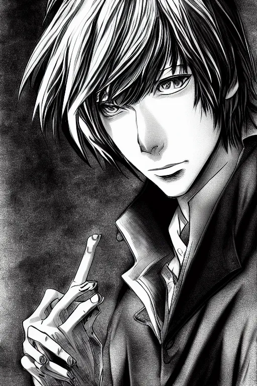 Image similar to light yagami, god of the new world, highly detailed, digital art, sharp focus, trending on art station, death note