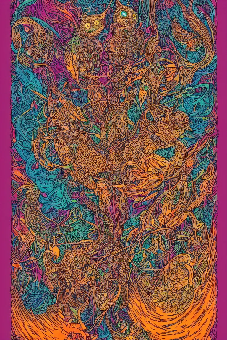 Prompt: beautiful colorful hyperrealist highly detailed psychedelic music poster'the electric owls live at the fillmore ', symmetrical full body, beautiful high contrast colored wood engraving, moebius comic style, shocking detail trending on artstation 8 k