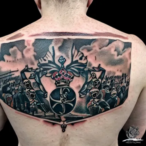 Image similar to tattoo of adolf hitler and coat of arms of ukraine many details, super realistic, high quality, 8 k