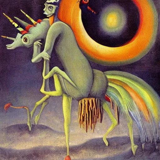 Prompt: remedios varo painting of a vampire demon riding a big fat unicorn over a rainbow