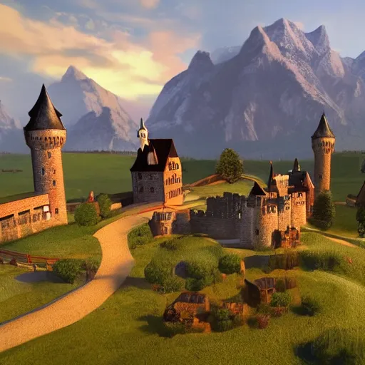 Prompt: a beautiful landscape with a couple of castles in a couple of farms next to the castle interact with the lighting super duper hyper - realistic