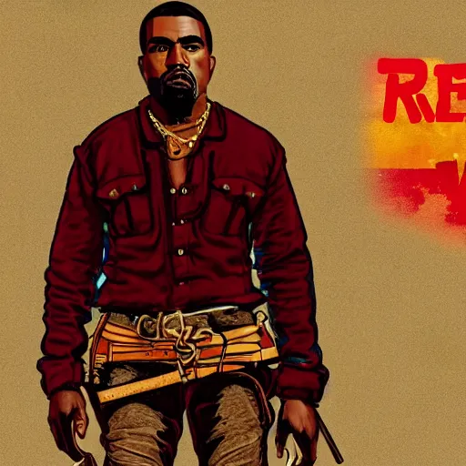 Image similar to kanye west in illustration red dead redemption 2 artwork of kanye west, in the style of red dead redemption 2 loading screen, by stephen bliss