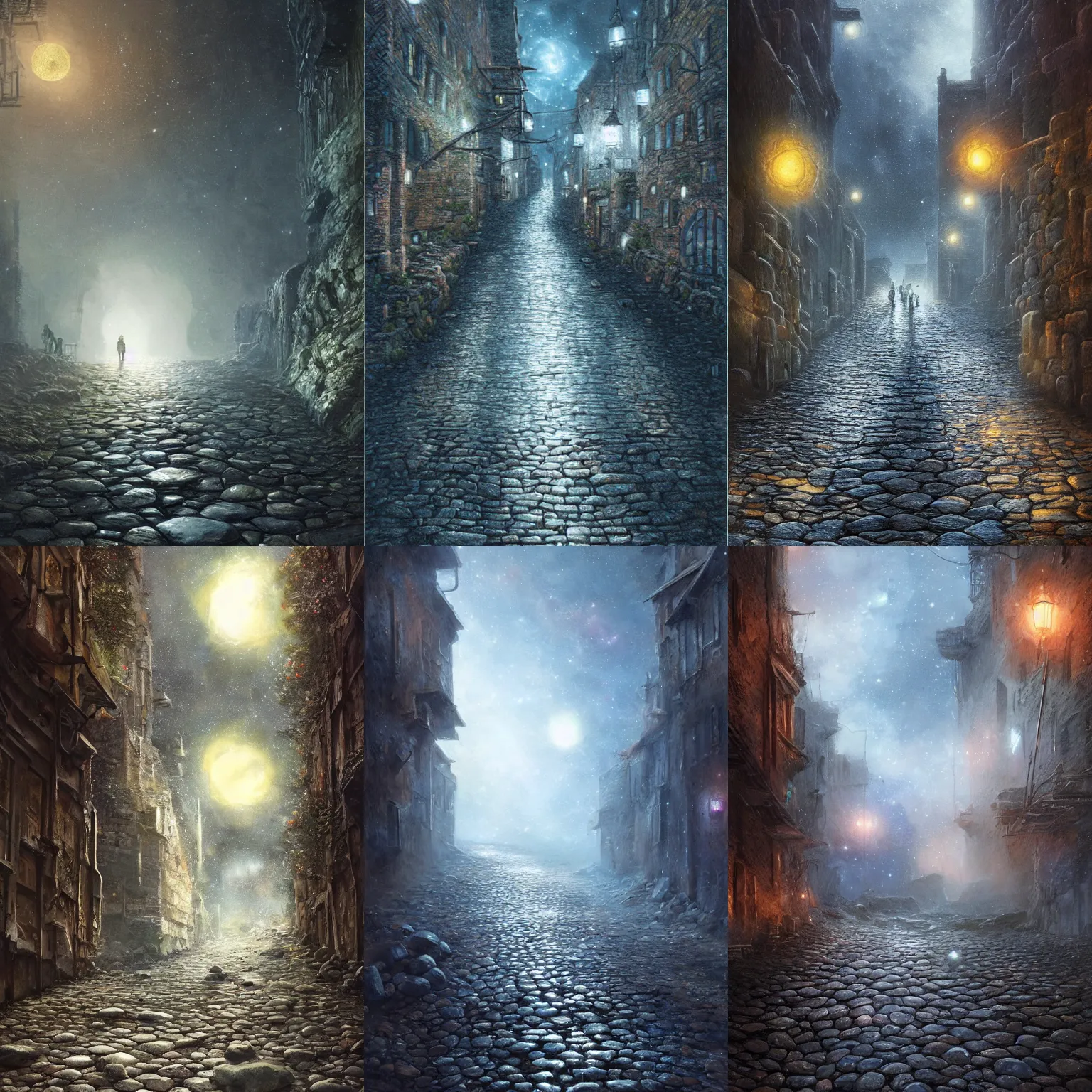 Prompt: a narrow allyway, the cobble stones are a cosmic galaxy have become a reflection of a cosmic galaxy, diffuse lighting, strong imagery, highly detailed, by Greg Rutkowski, illustration, highly detailed water colour 8k, cinematic lighting, HD, high detail, atmospheric, trending on artstation