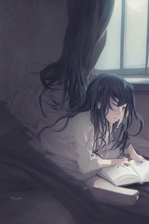 Prompt: a digital painting of a girl in a jk uniform outfit in the bedroom reading a book in a night, raining outside the window, dark and grey theme ， wavy white long hair, by krenz cushart and mucha and akihito yoshida and greg rutkowski and makoto shinkai, detailed eyes, 4 k resolution 、 trending on art station