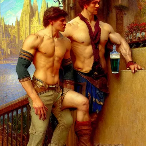 Image similar to attractive muscular arthur pendragon and muscular attractive merlin go to a pub together to have some drinks. highly detailed painting by gaston bussiere, craig mullins, j. c. leyendecker, alphonse mucha 8 k