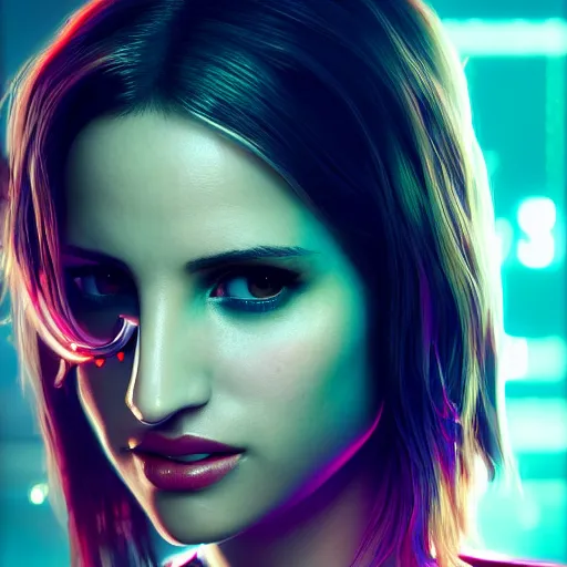 Image similar to dianna agron portrait, Cyberpunk 2077, photorealistic, ultra detailed, cybernetic body parts, neon, octane, bokeh, 8k